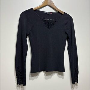 Optimum Pure & Simple Ribbed Contemporary Lace Long Sleeve Shirt Top Black